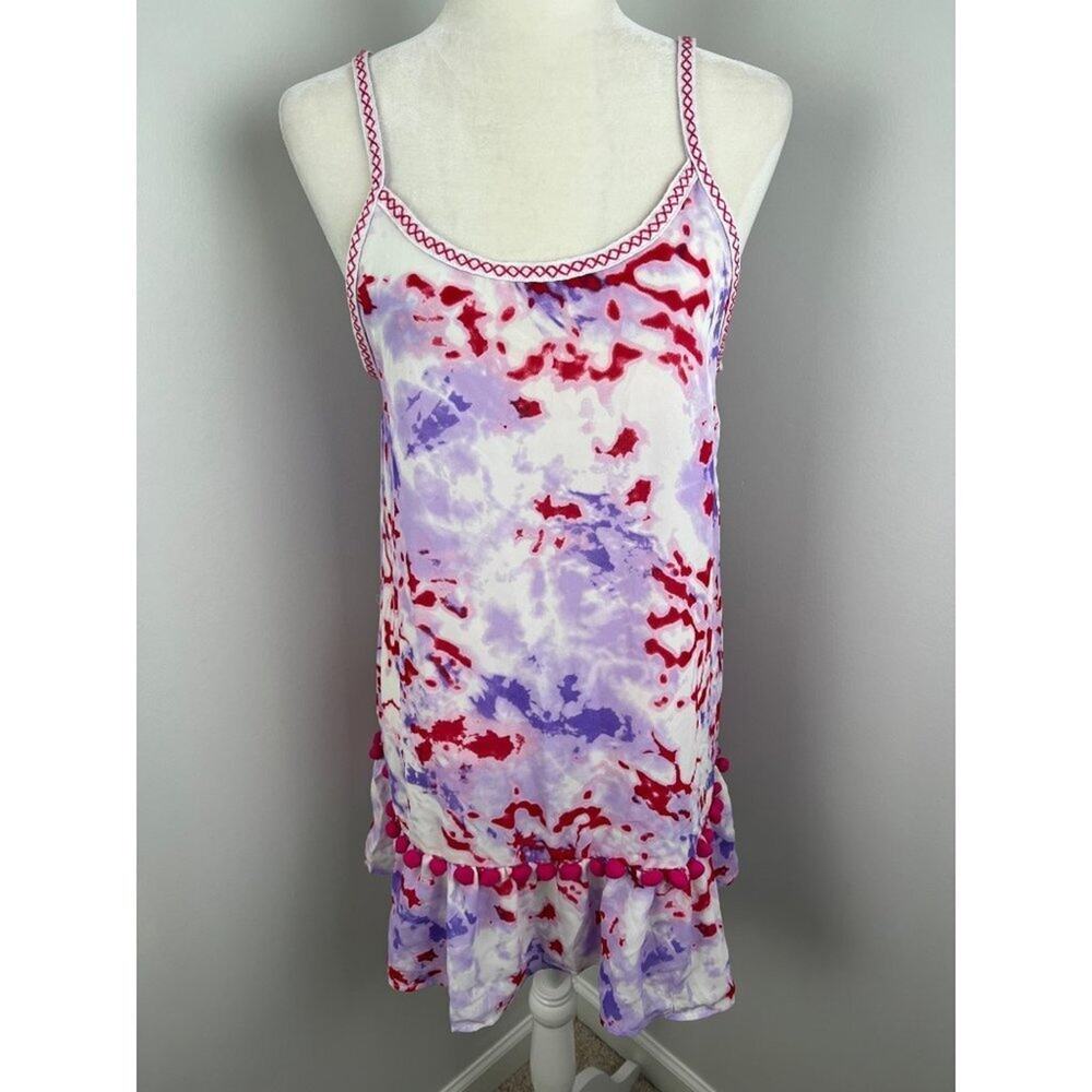 Miken Swim Sheer Purple Red Tie Dye Pom Pom Swim Beach Coverup M